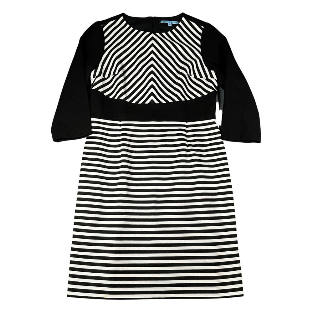 Antonio Melani 12 Black White Striped Round Neck 3/4 Sleeve Back Zip Dress
